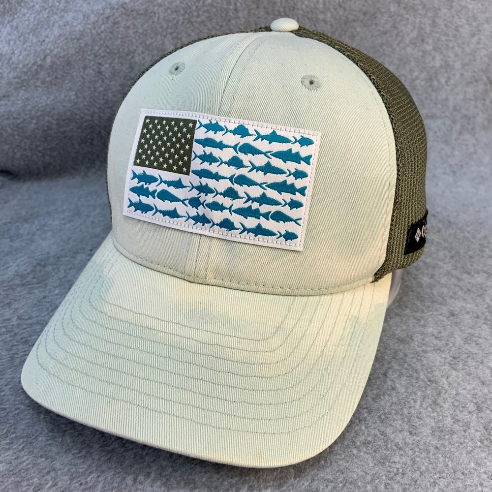 Columbia PFG Fish American Flag Unisex Green Mesh Back Flexfit Hat S/M CU0117